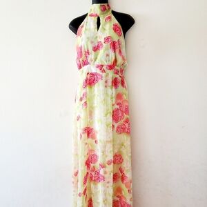 Ella Samani Pink Floral Halter Neck Slim Maxi Dress Size M